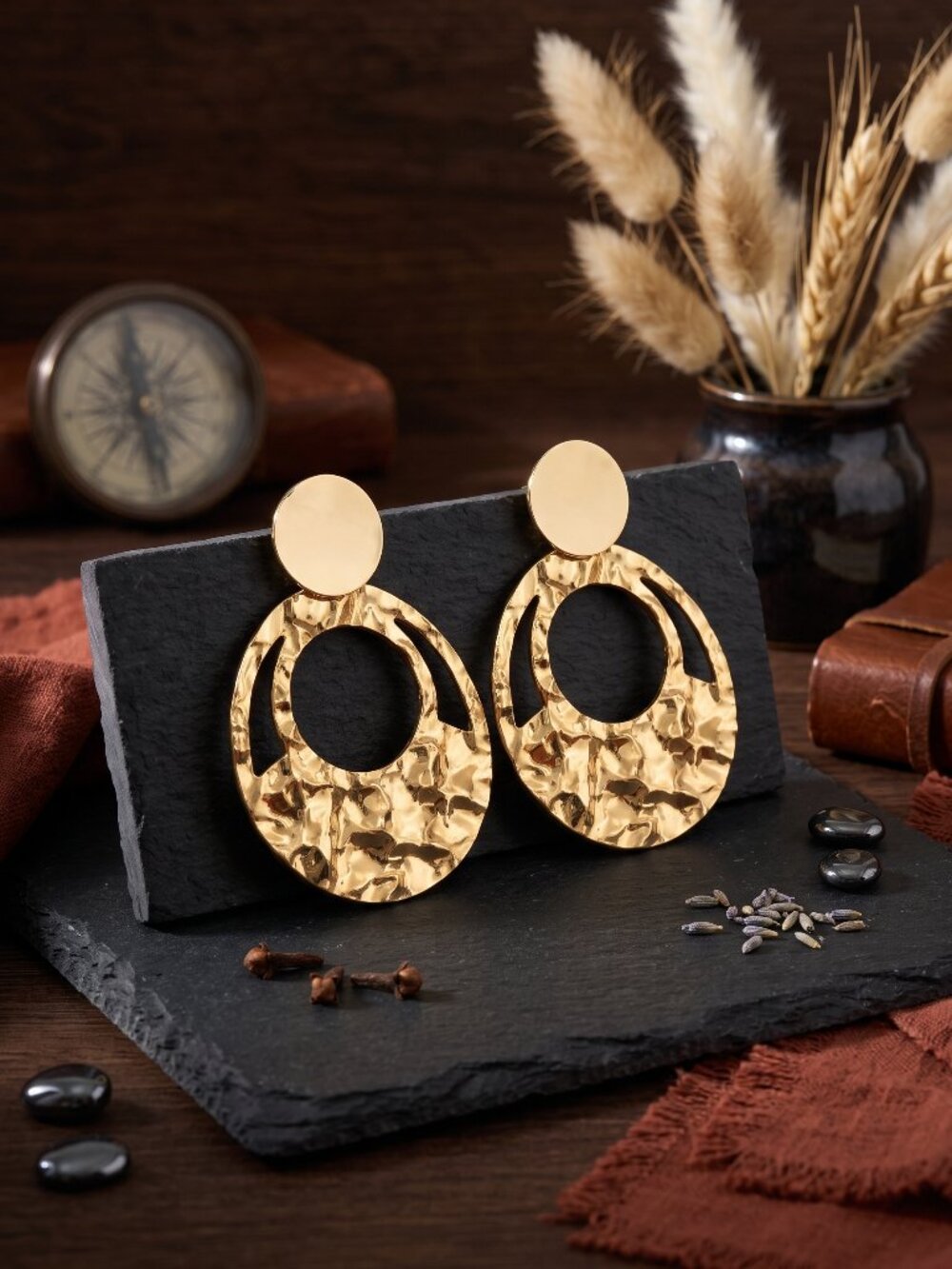 Hammered Gold Disc Drop Earrings Circle Statement Boho Chic Post Back 2.35"